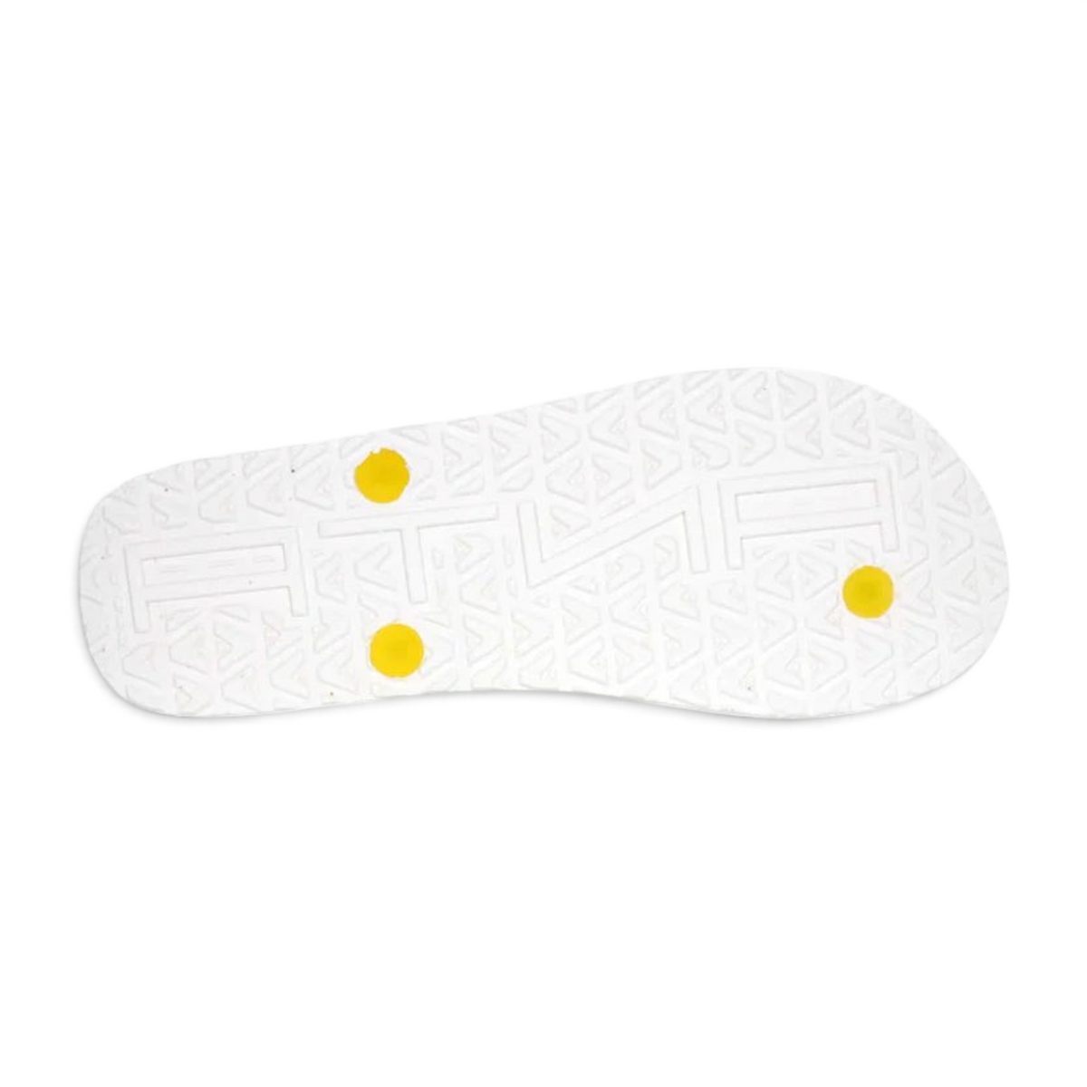 FRG white beach slippers featuring a textured sole with yellow circular grip details and embossed logo pattern