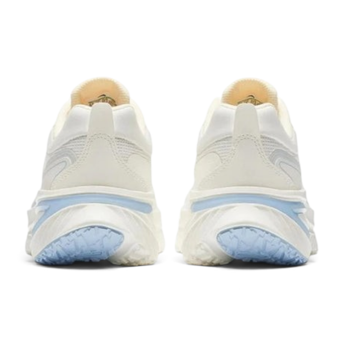 FRG ANTA PG7 beige running shoes showing the rear view with light blue midsole cushioning and breathable mesh design