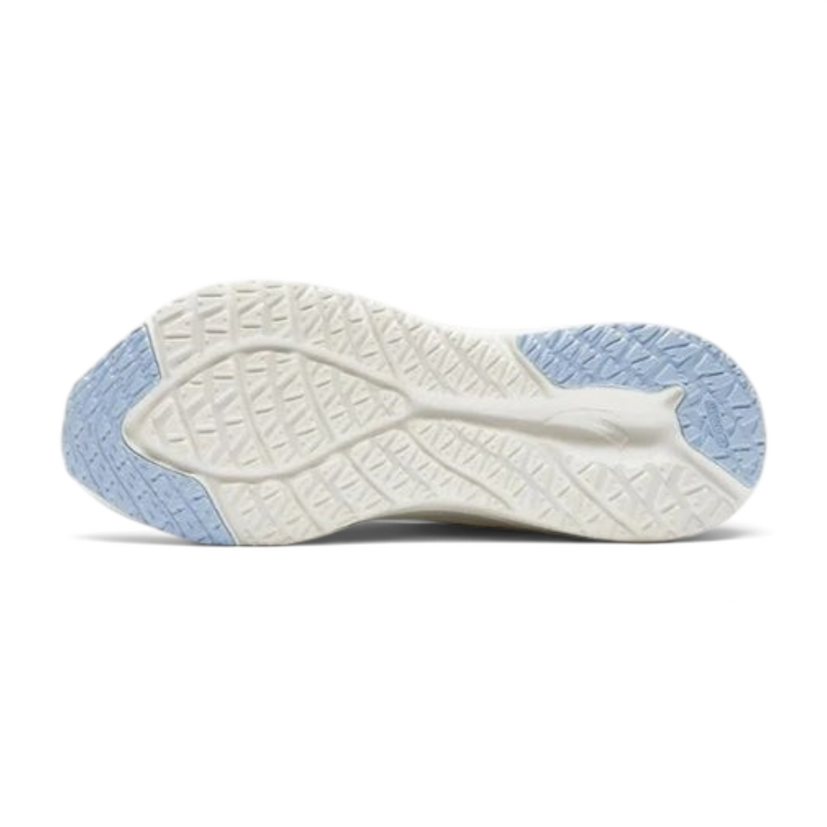 FRG ANTA PG7 beige running shoe showing the textured white and light blue rubber outsole tread pattern