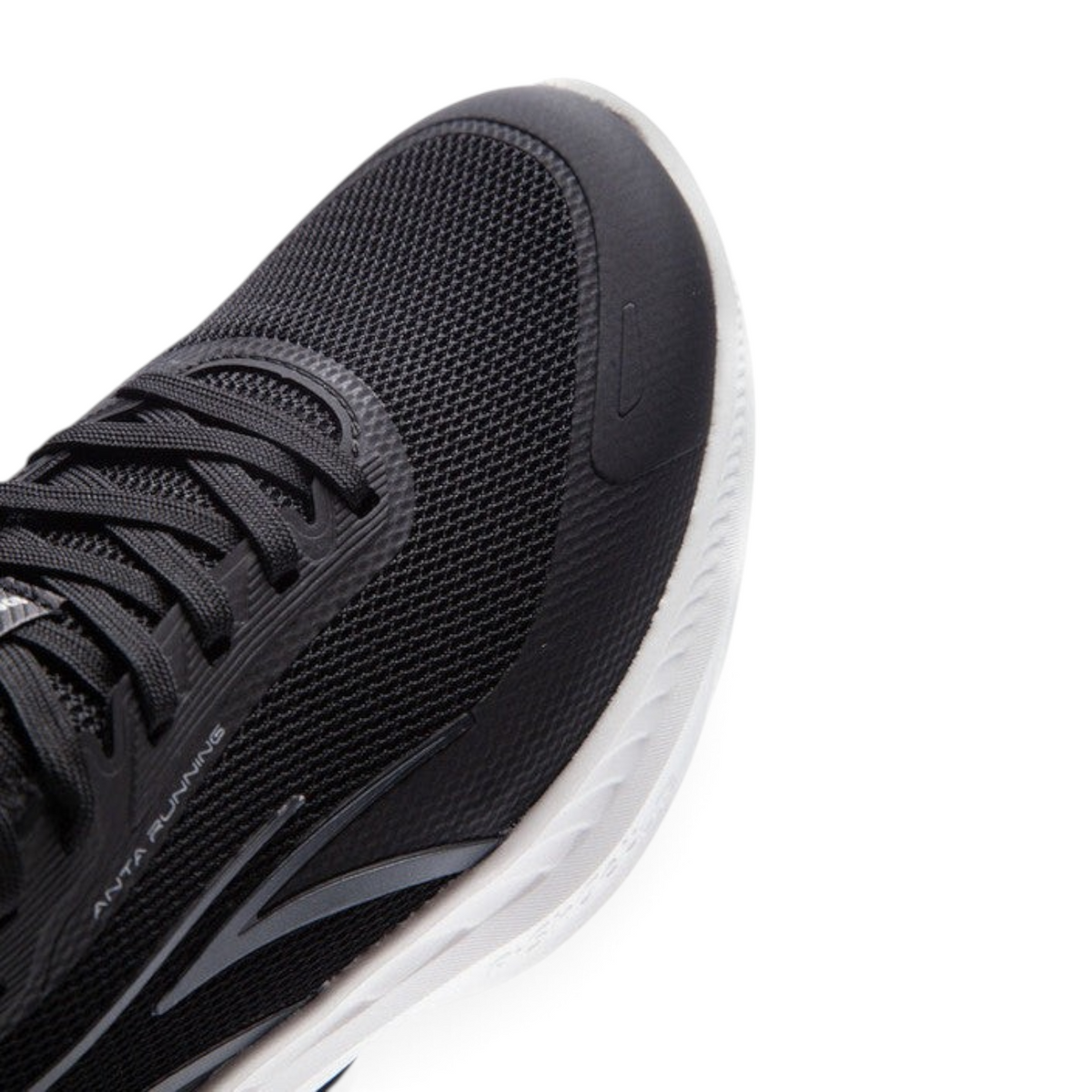 FRG ANTA women's black running shoes featuring a breathable mesh upper and durable TPU structural reinforcements.