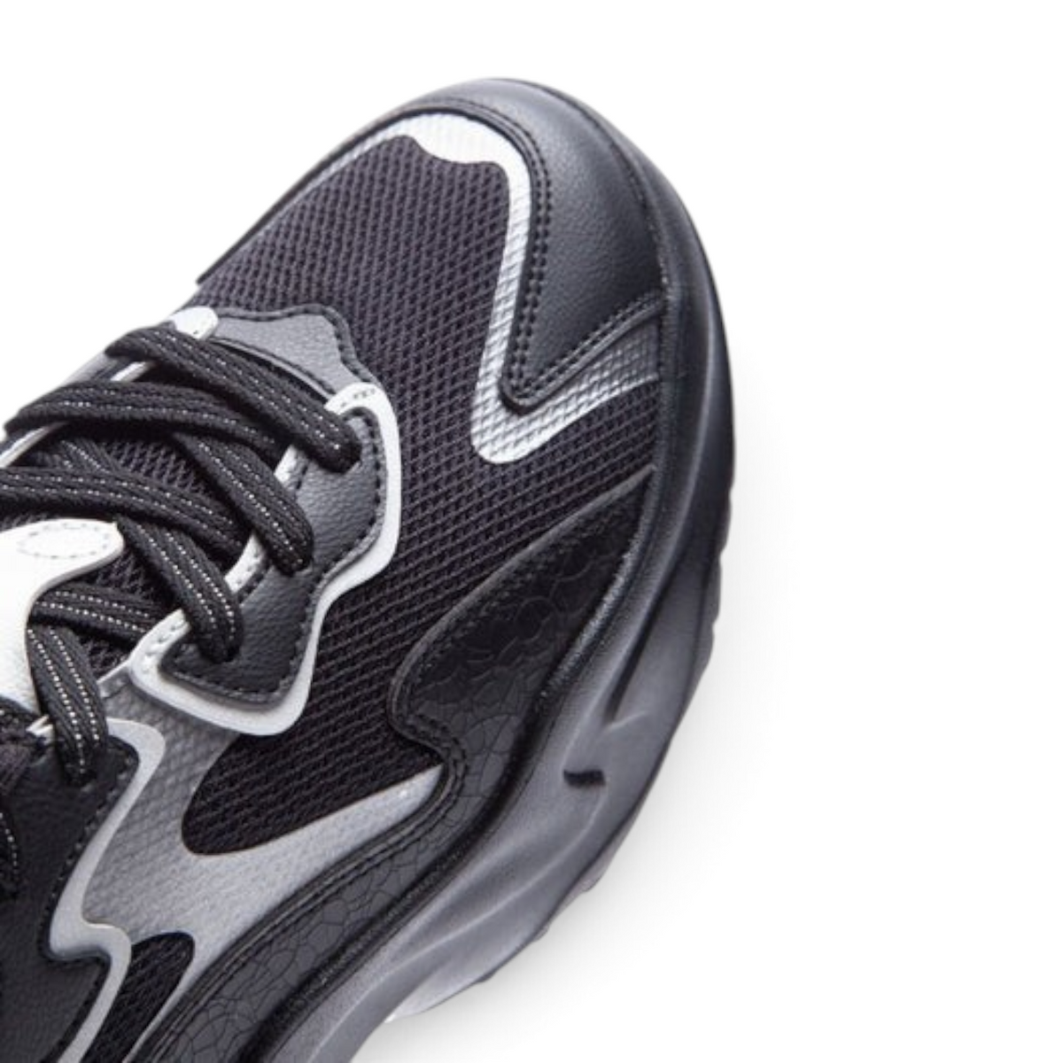 FRG ANTA Bunny women's casual sneakers in black and silver with breathable mesh and synthetic leather panels
