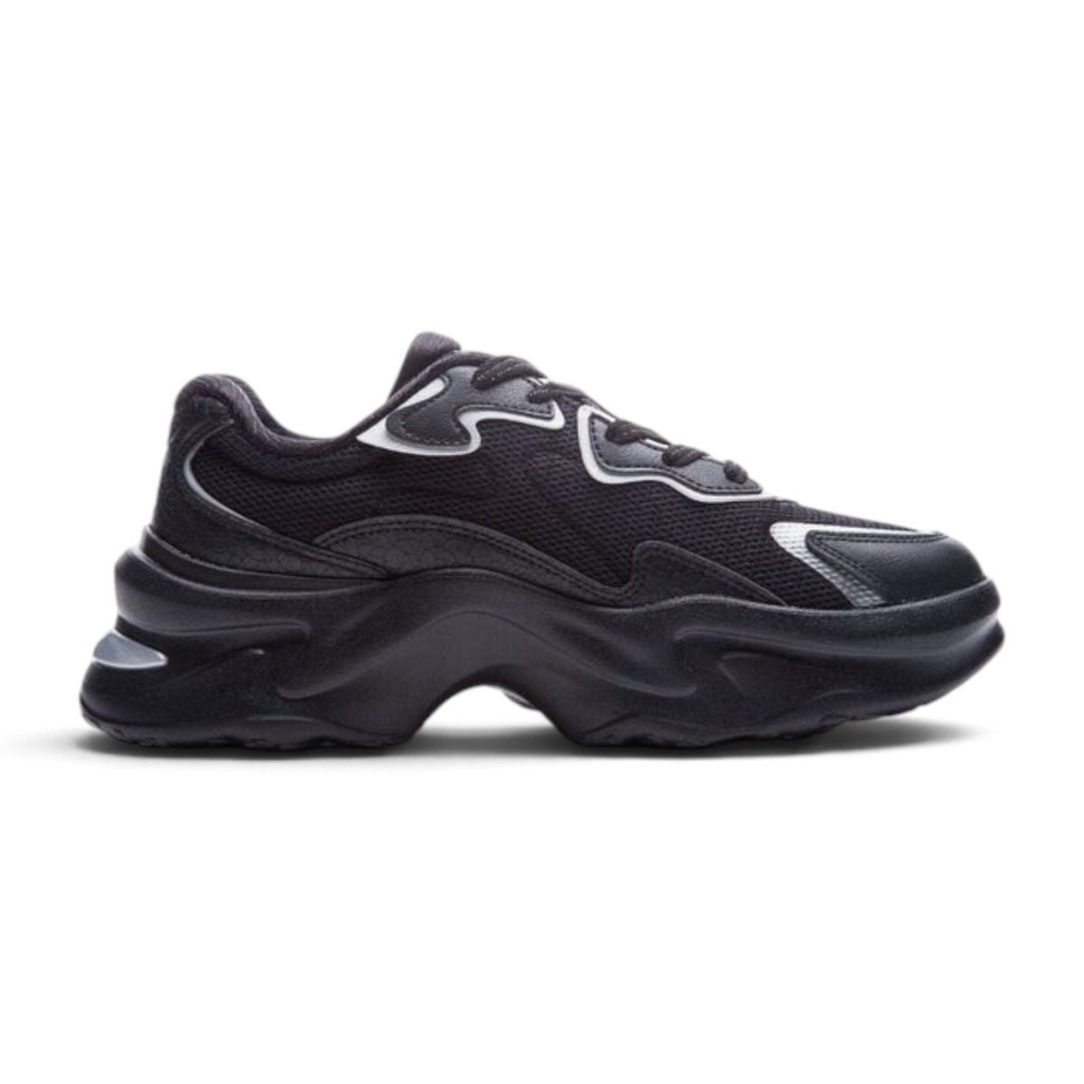 FRG ANTA Bunny women's casual sneakers in black and silver with a breathable mesh upper and chunky cushioned midsole.