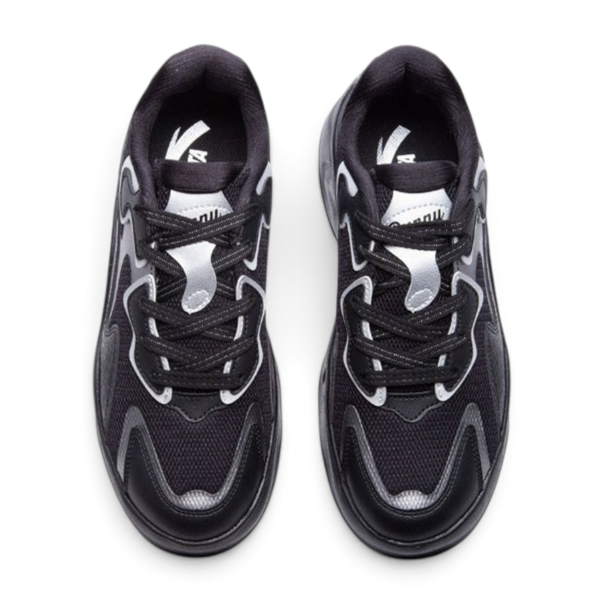 FRG ANTA Bunny women's casual sneakers in black and silver with breathable mesh and synthetic leather top view
