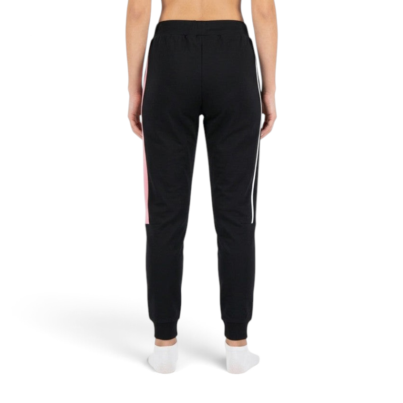 FRG ANTA Dream Black knit track pants with pink and white side stripes worn by a person, back view