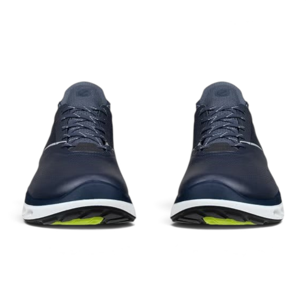 FRG ECCO Biom 720 men's navy blue performance sneakers with breathable mesh and white cushioned soles, front view.