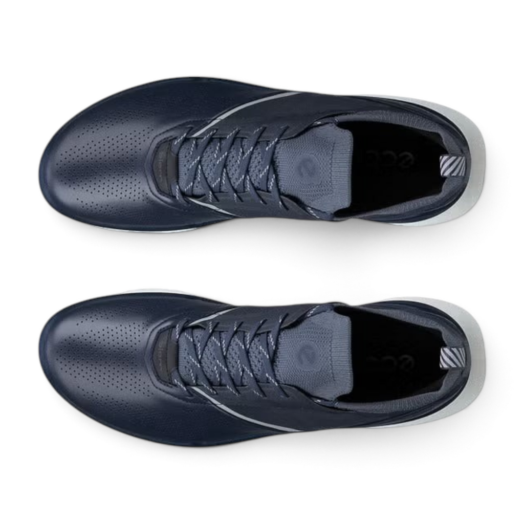 FRG ECCO Biom 720 men's navy blue breathable summer sneakers, top-down view showing perforated leather and laces