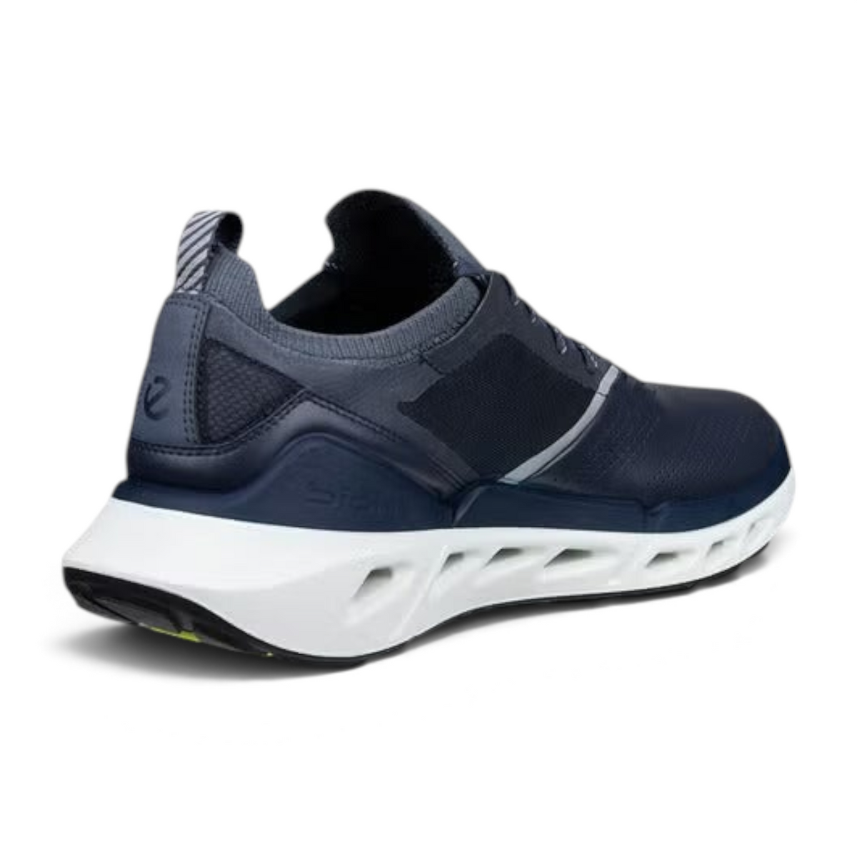 FRG ECCO Biom 720 men's navy blue breathable performance sneaker with a white cushioned sole, rear view