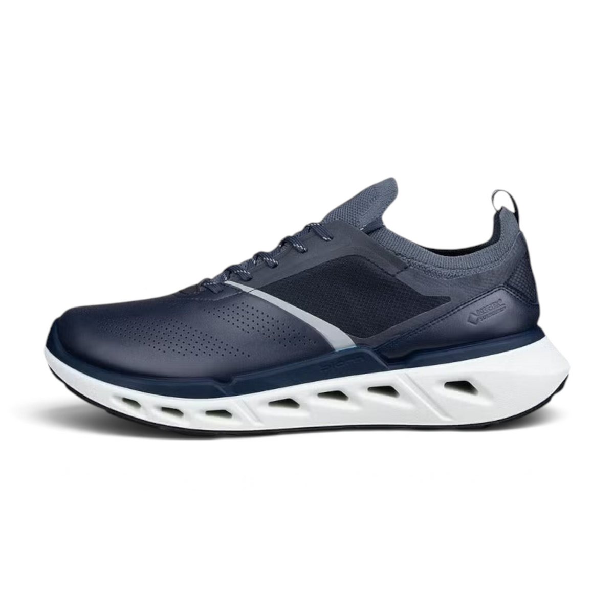 FRG ECCO Biom 720 men's navy blue breathable performance sneaker with white cushioned sole and side view
