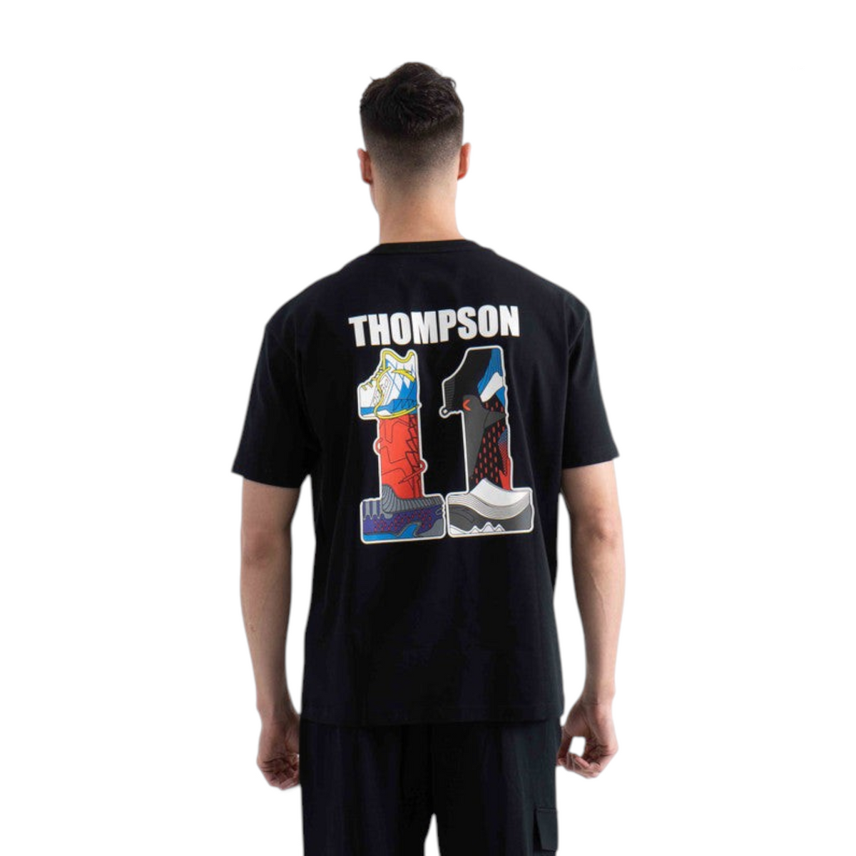 FRG black short sleeve t-shirt featuring a large Thompson 11 graphic on the back with colorful sneaker illustrations.