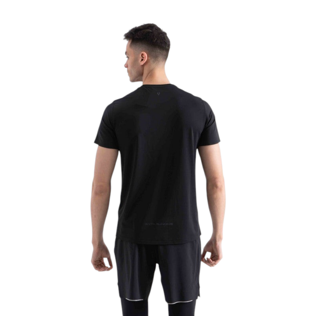 FRG black short sleeve athletic t-shirt worn by a man, back view showing a clean fit for activewear