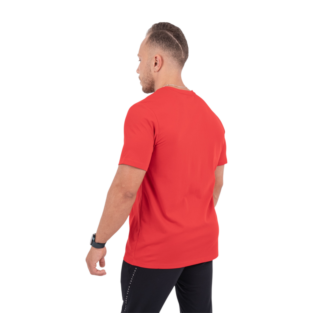 FRG red short-sleeve cross training t-shirt worn by a man from a back view against a white background