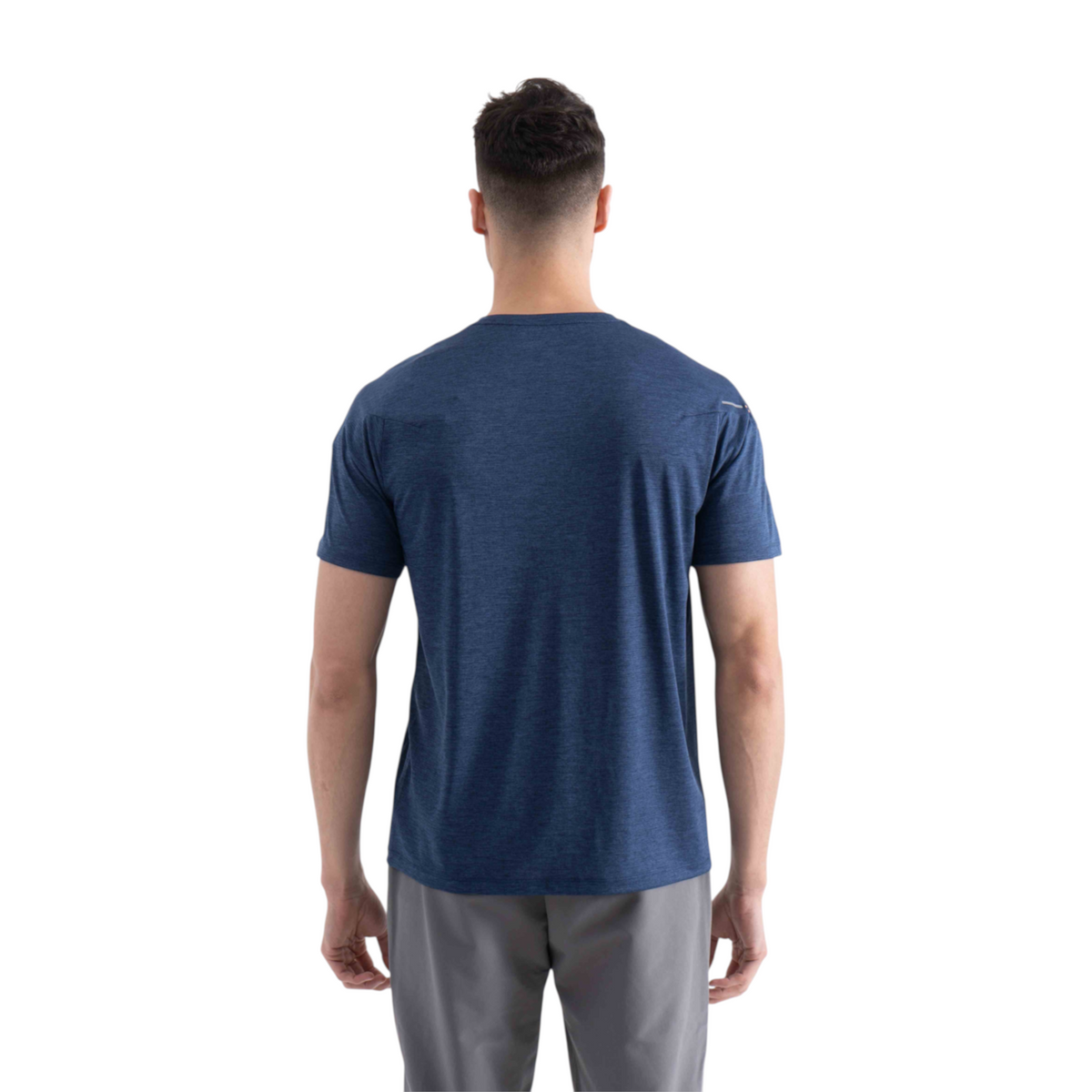 Back view of a man wearing a blue FRG cross training t-shirt with a heathered texture against a white background