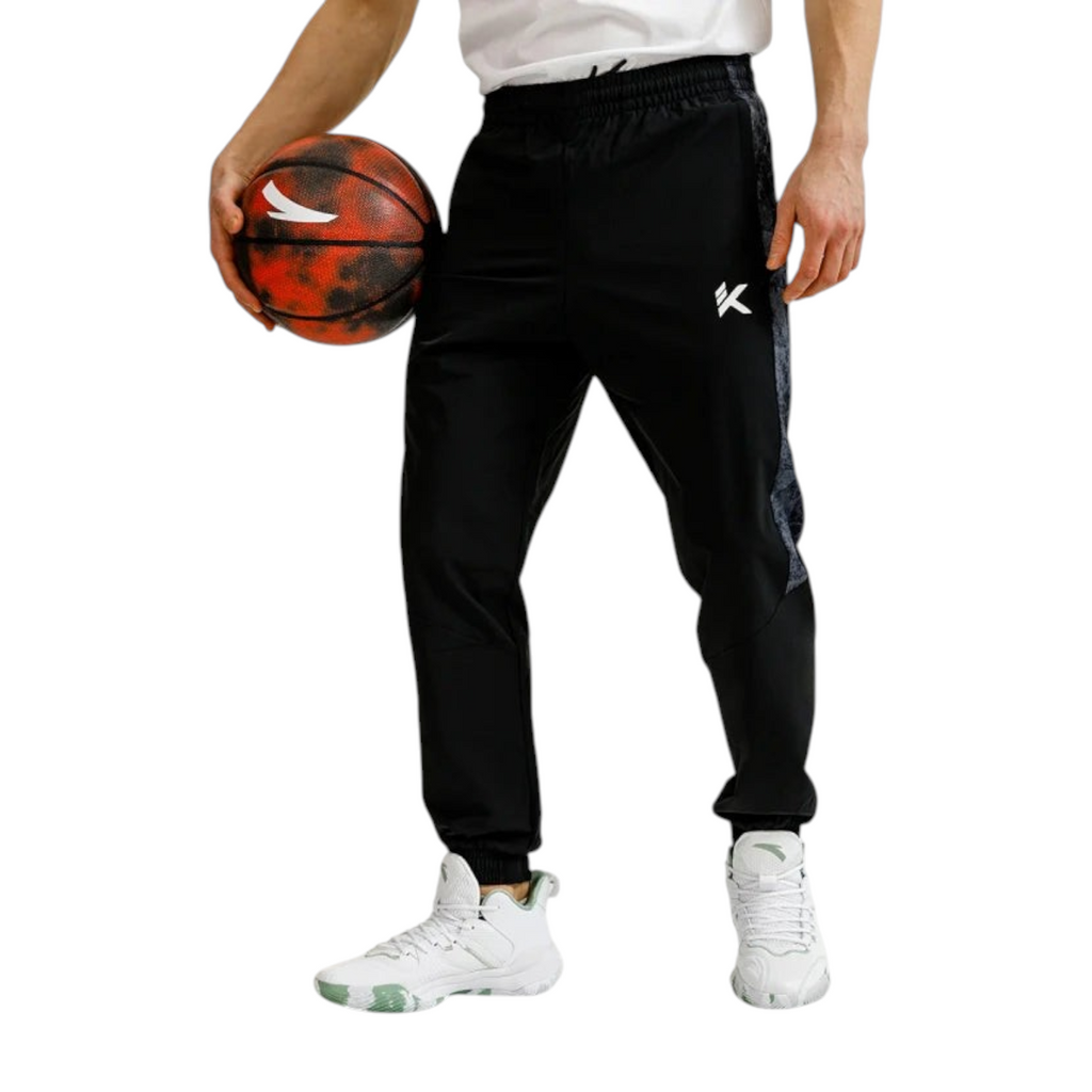 FRG Anta relaxed-fit black and grey polyester-spandex basketball pants with water-resistant coating and elastic waist