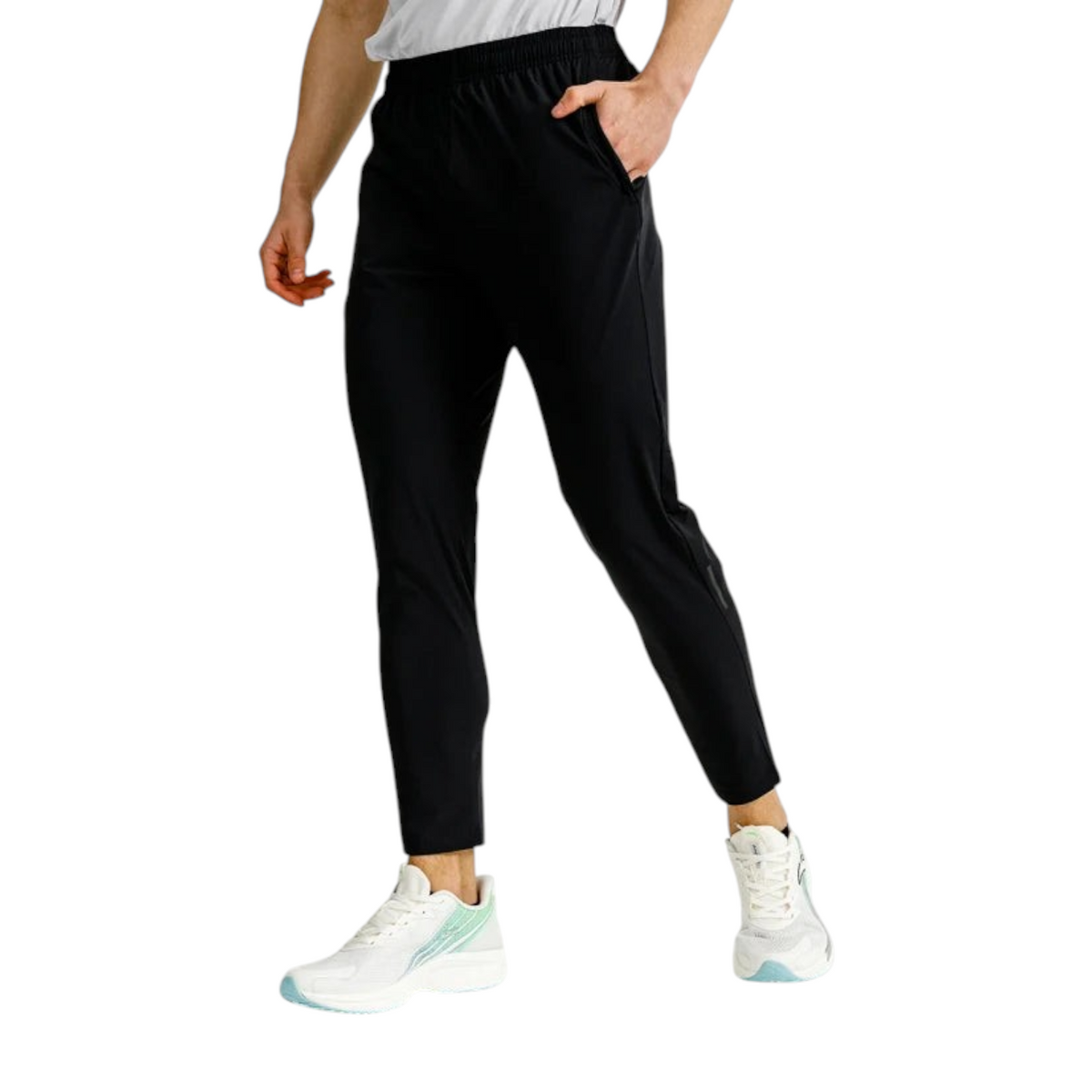 FRG ANTA lightweight black textile running trousers with reflective details on a male model