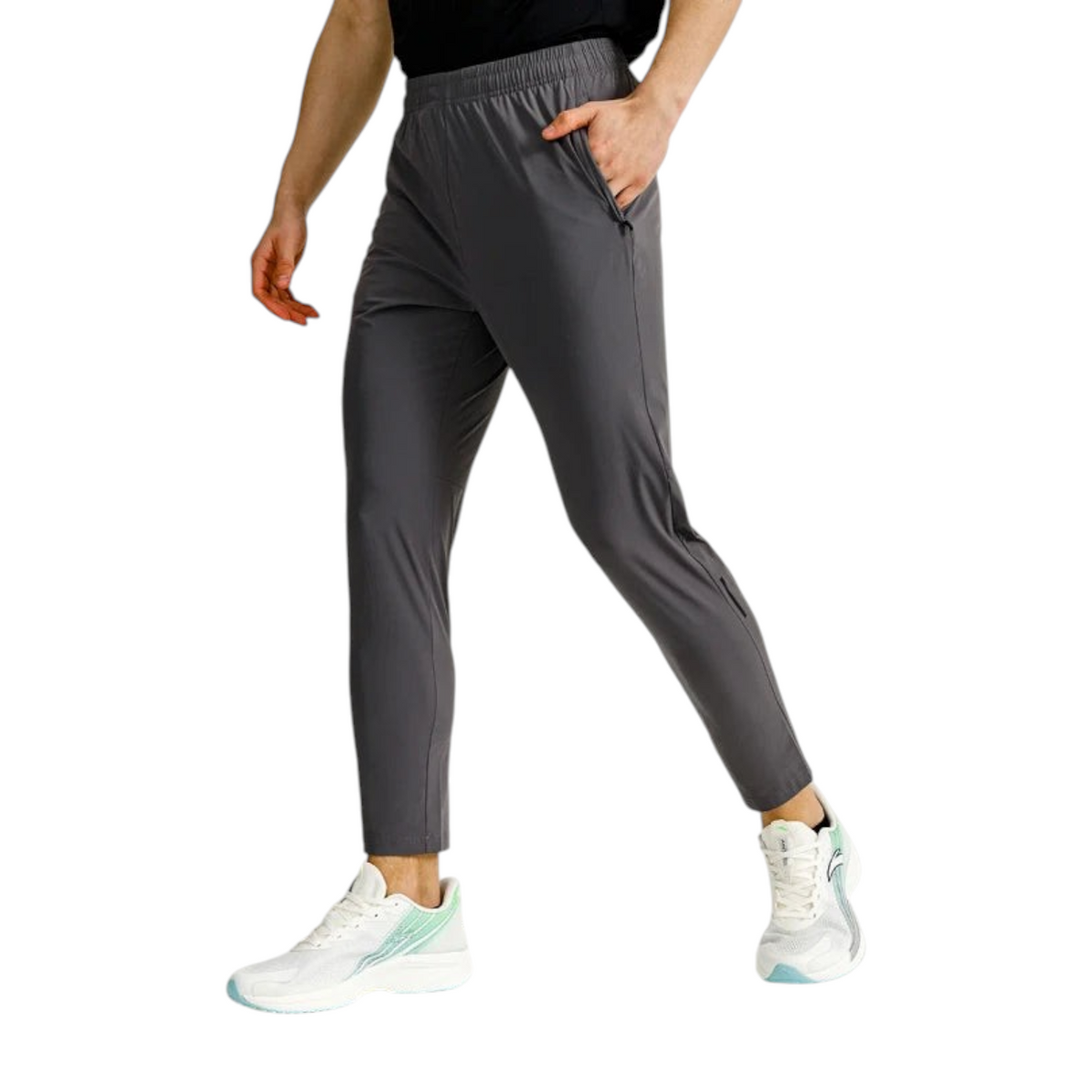 FRG ANTA cropped grey textile running trousers with reflective details and cooling UV-protective fabric on a model