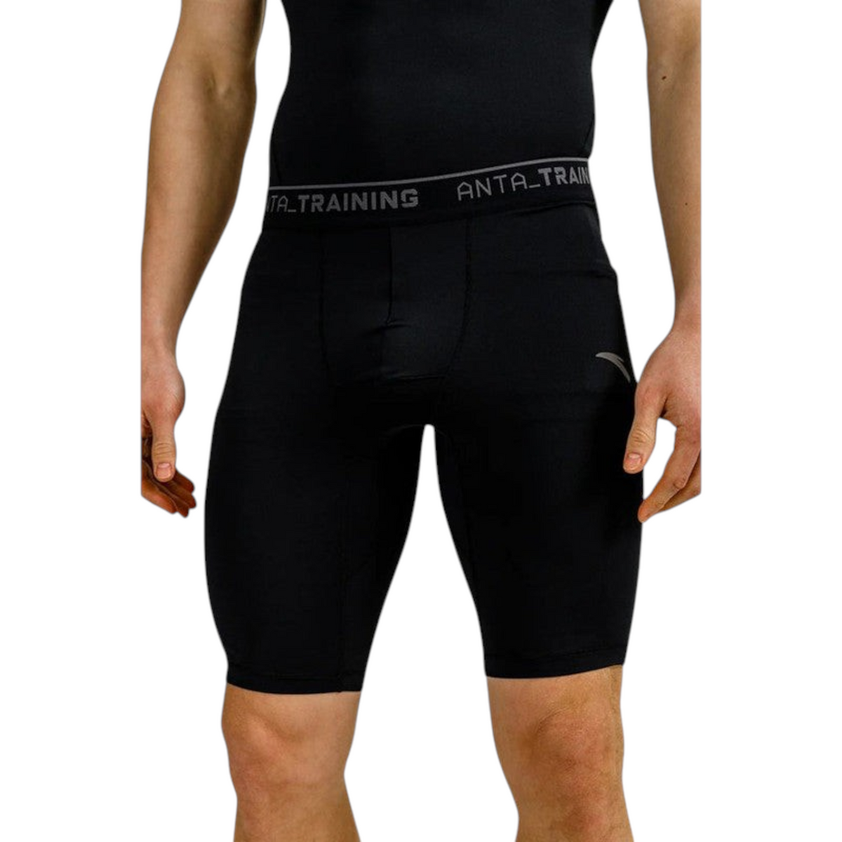 FRG Anta black compression shorts with elastic waistband for cross-training, made from stretchy antibacterial fabric.