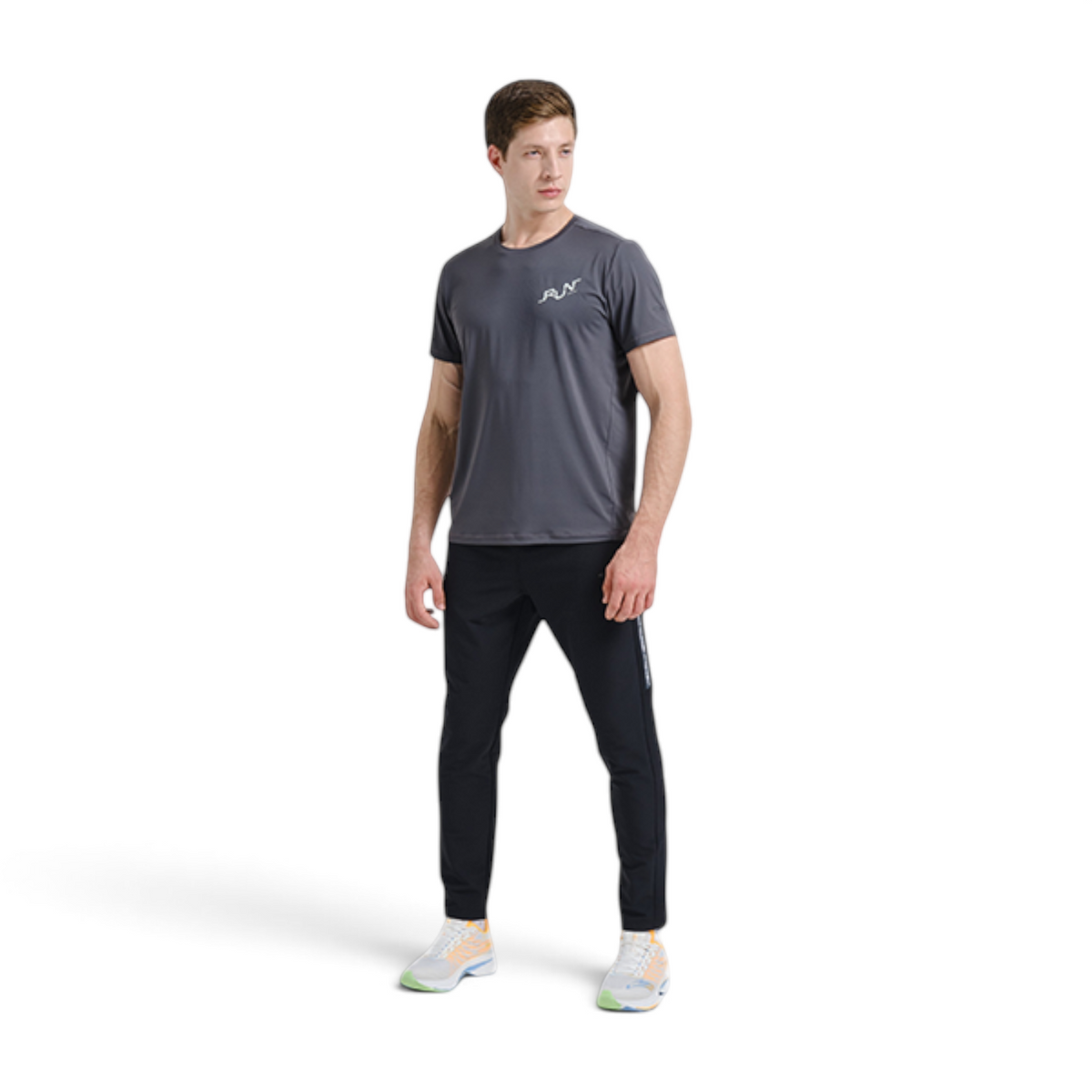 FRG Anta men's dark grey short-sleeve running tee with UV protection and cooling technology worn by a male model