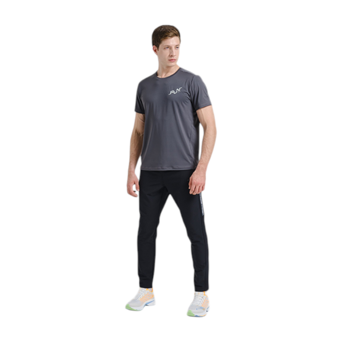 FRG Anta men's dark grey short-sleeve running tee with UV protection and cooling technology worn by a male model