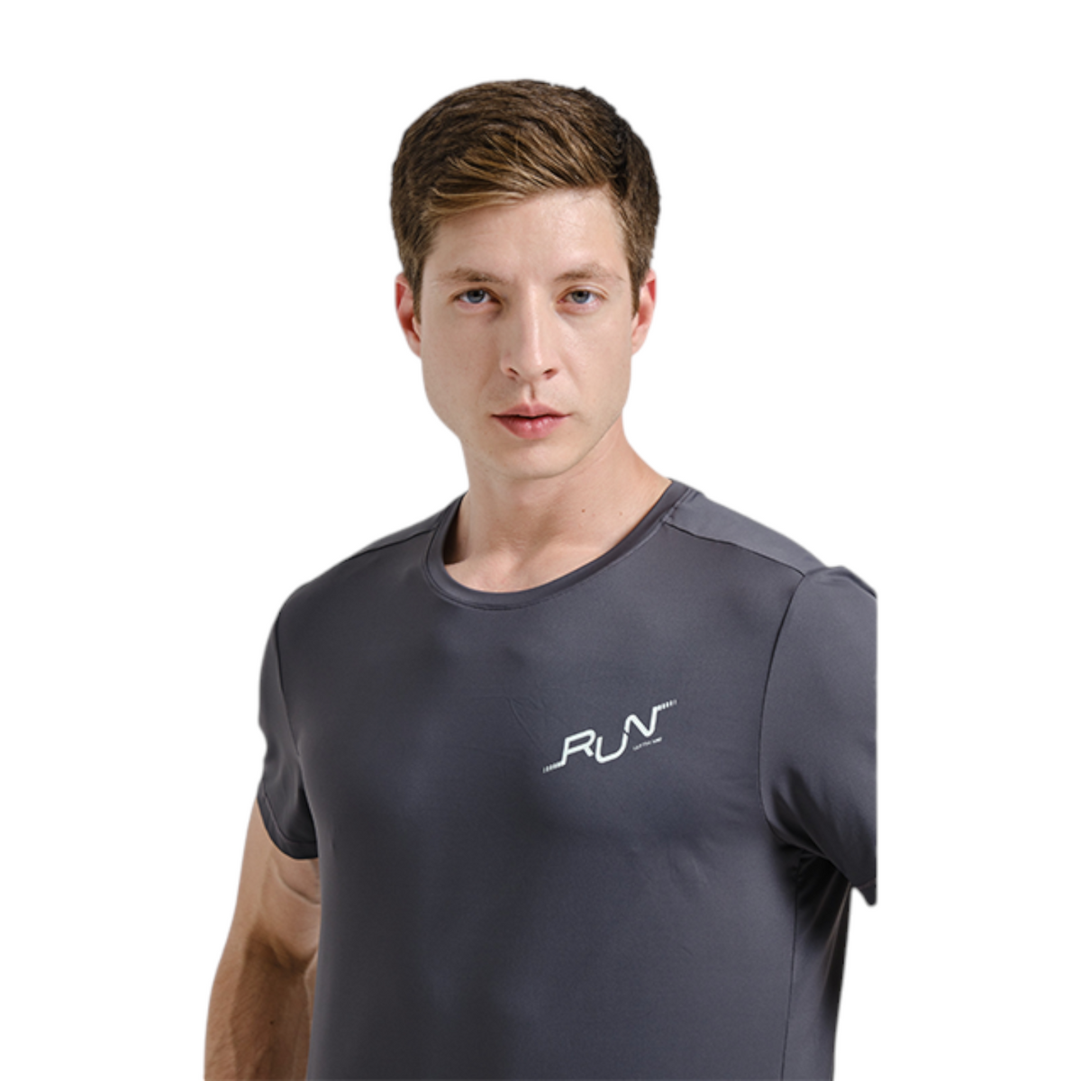 FRG Anta men's dark grey short sleeve running tee with UV protection and cooling technology on a male model