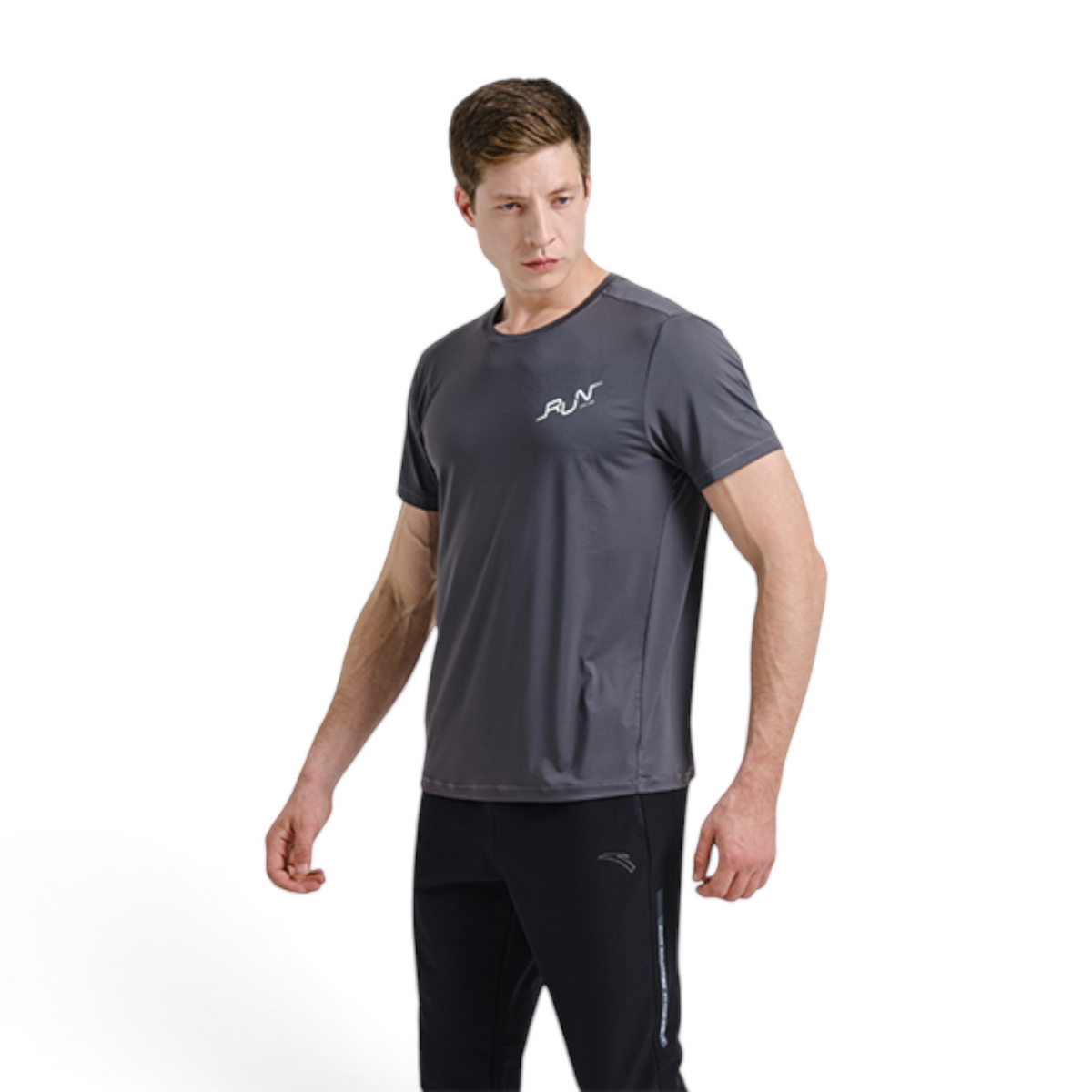 FRG men wearing a dark grey Anta short sleeve running tee with UV protection and cooling technology
