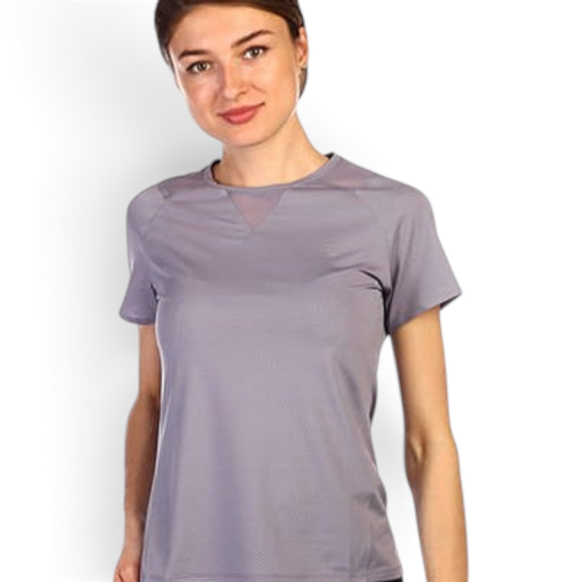FRG regular fit grey athletic t-shirt with mesh panel detail worn by a woman