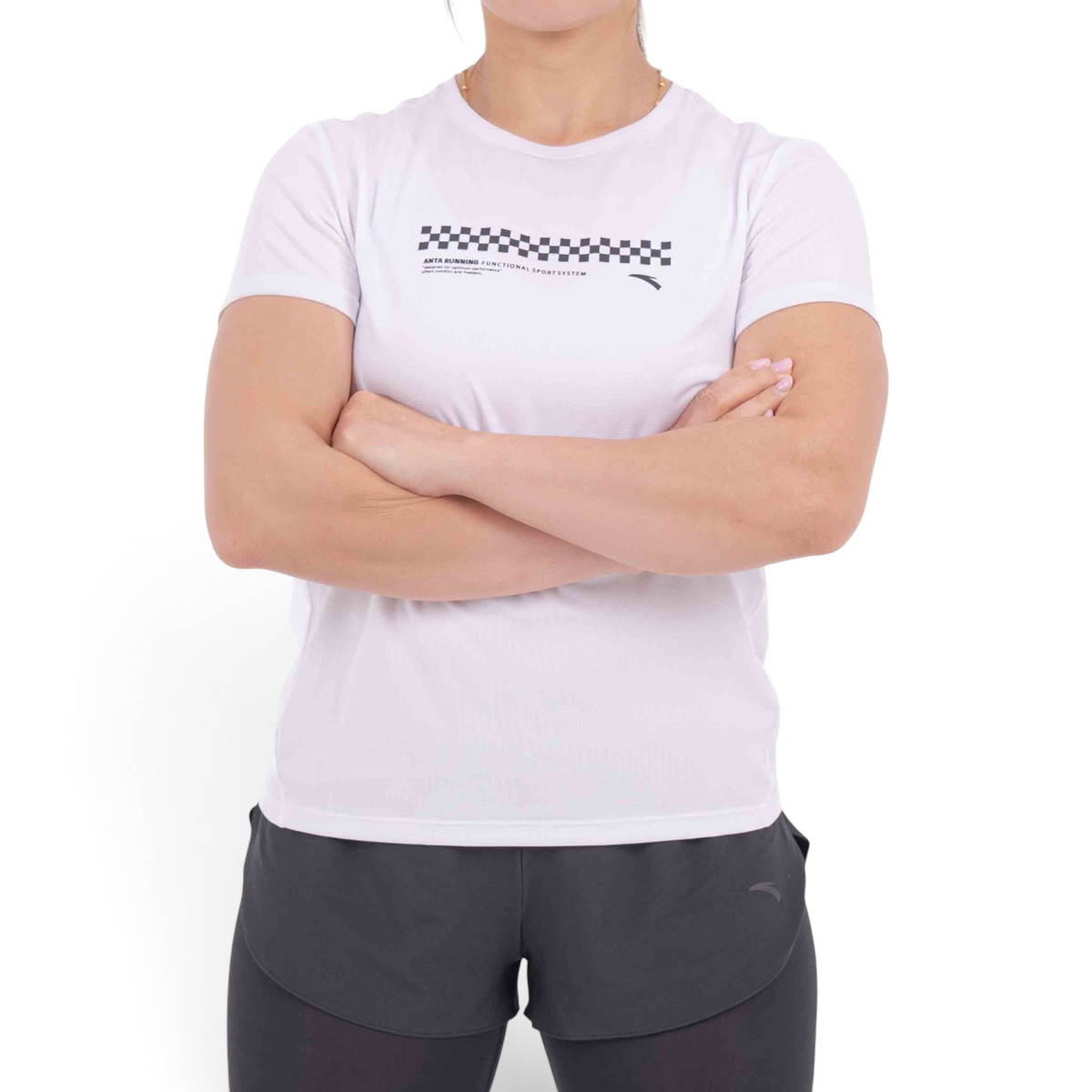 FRG white regular fit polyester t-shirt with a black and white checkered graphic print on the chest