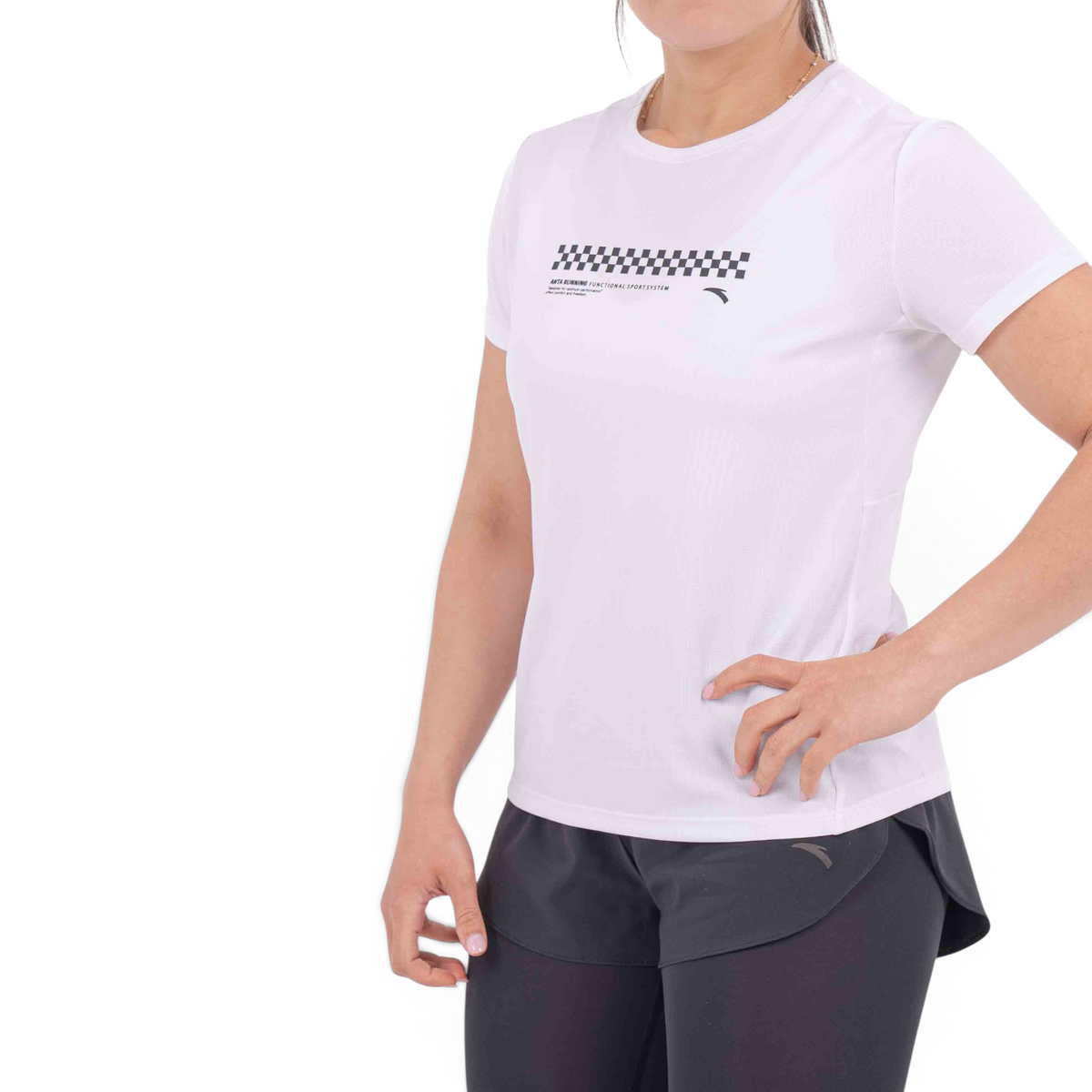FRG white regular fit polyester running t-shirt with a black checkered graphic print on the chest