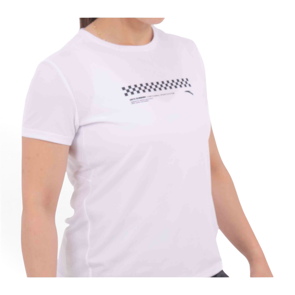 FRG white regular fit polyester t-shirt with a black checkered graphic print on the chest