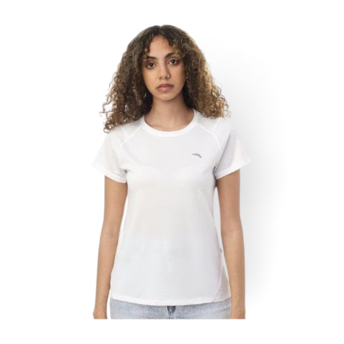 A woman wearing a white FRG short-sleeve athletic t-shirt with raglan sleeves against a plain white background.