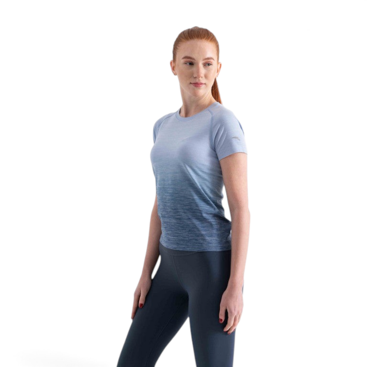 FRG slim fit athletic t-shirt in blue ombre nylon and polyester blend worn by a woman