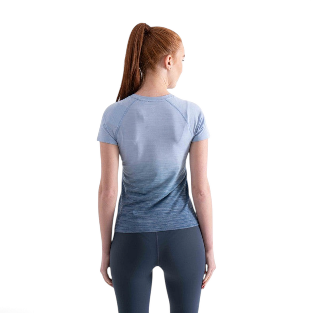 FRG slim fit t-shirt in blue ombre nylon and polyester blend, back view on a model with a ponytail