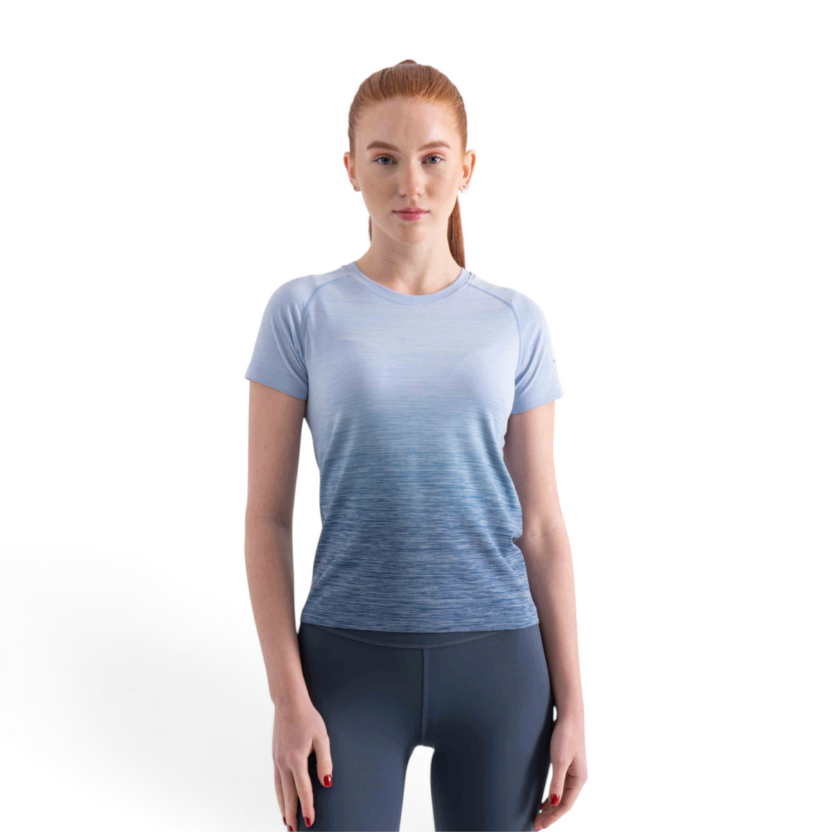 FRG slim-fit athletic t-shirt in a blue ombre nylon-polyester blend worn by a woman with red hair