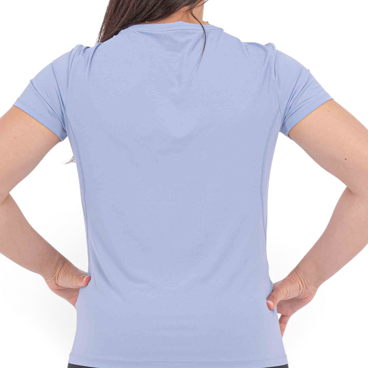 Back view of a FRG regular fit light blue performance t-shirt made from a nylon, polyester, and spandex blend.