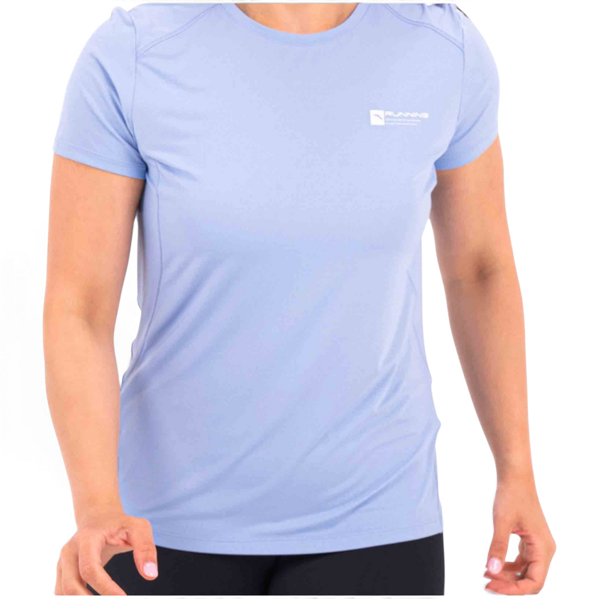 FRG light blue regular fit athletic t-shirt made from a nylon polyester spandex blend with a small chest logo