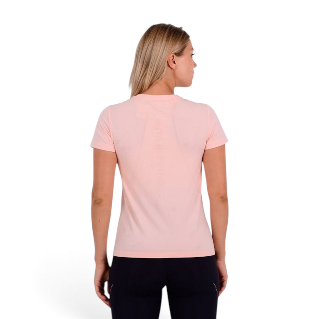 FRG regular fit peach nylon and polyester t-shirt viewed from the back on a blonde model