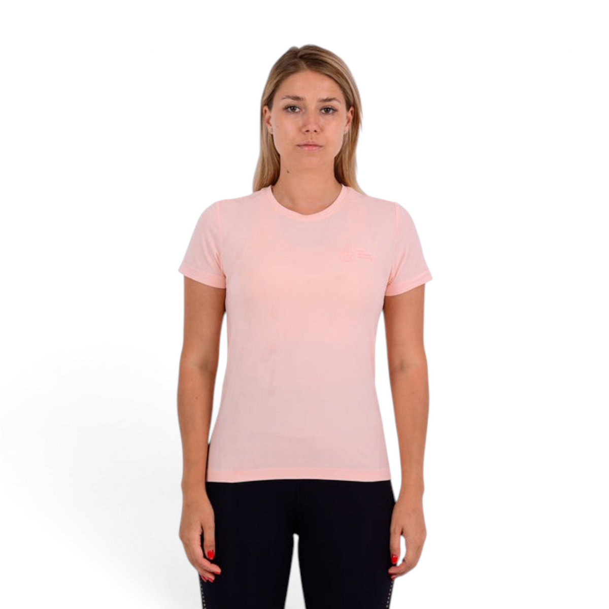 FRG regular fit light pink nylon and polyester blend t-shirt worn by a woman against a white background