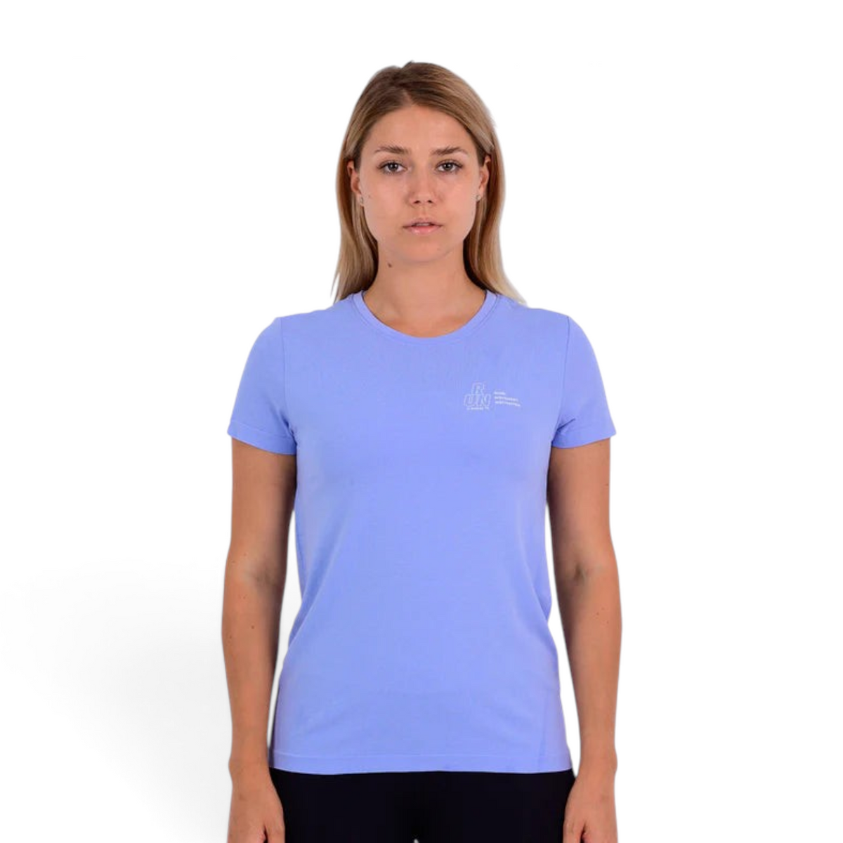 A woman wearing a light purple FRG short-sleeve athletic T-shirt with a small white graphic on the chest.