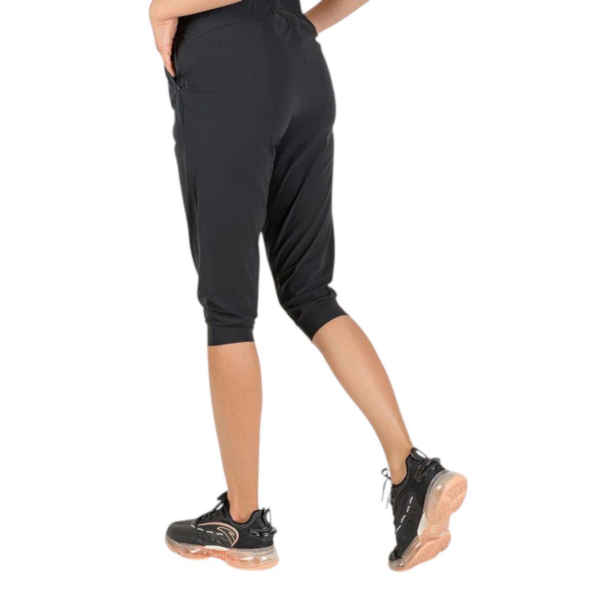FRG ANTA black nylon spandex capri pants with a 3/4 length design for running and gym workouts