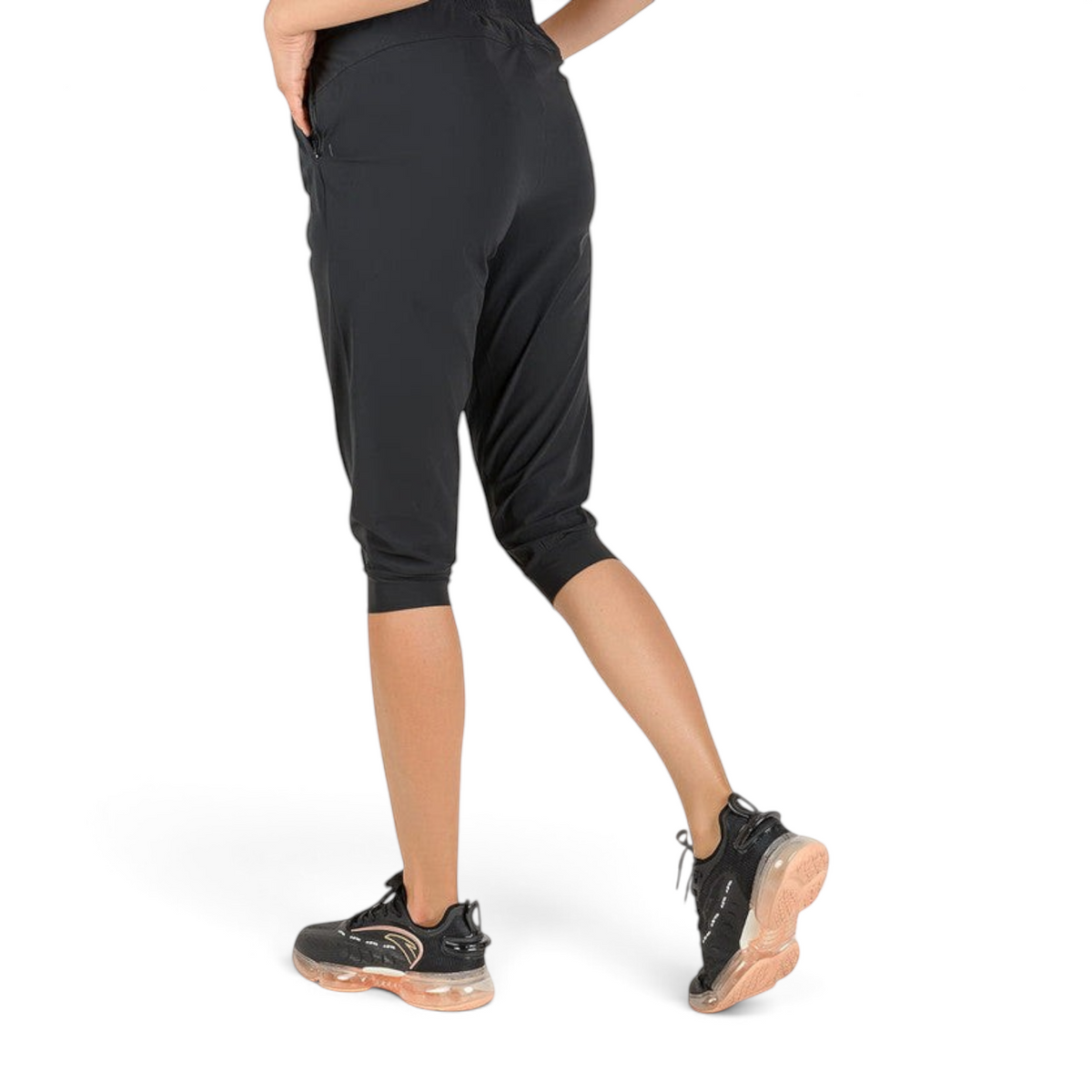 FRG ANTA black nylon spandex capri pants with a 3/4 length design for running and gym workouts