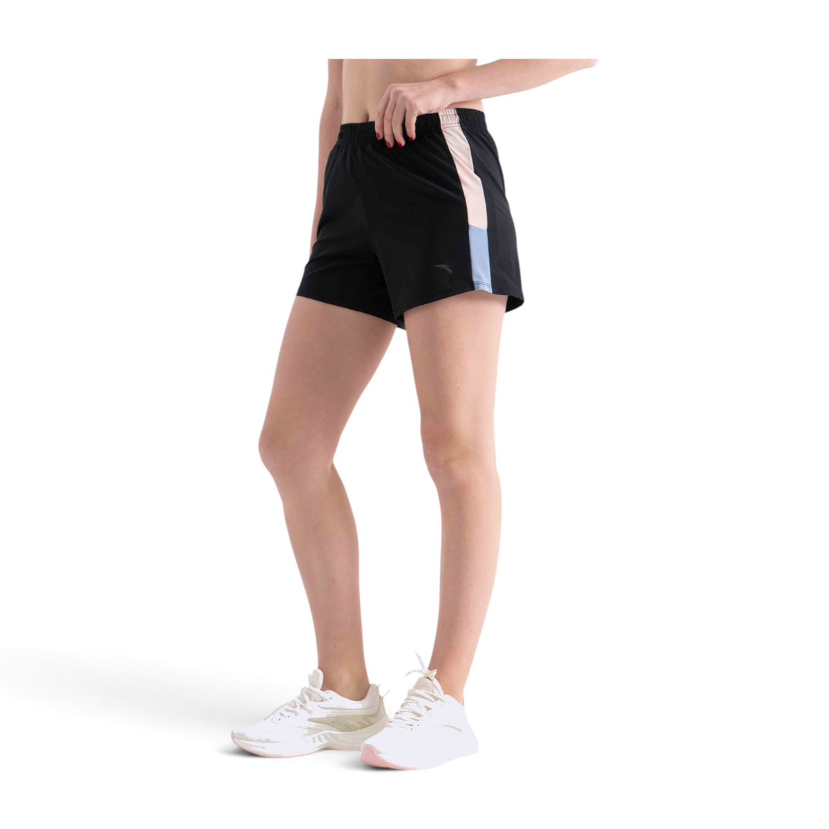 FRG regular fit black athletic shorts with side stripe detail worn by a model on a white background