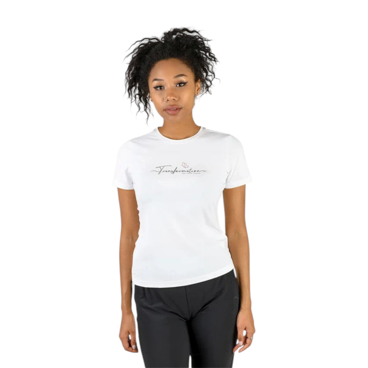 FRG ANTA snow white polyester cross training t-shirt with Transformation graphic on chest worn by a woman