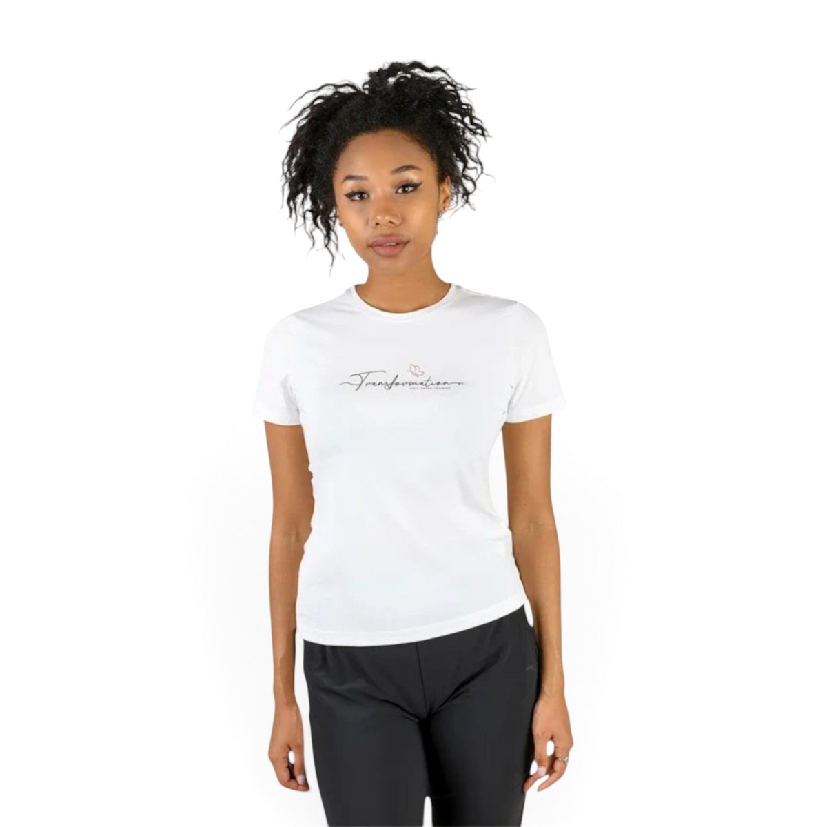 FRG ANTA snow white polyester cross training t-shirt with Transformation graphic on chest worn by a woman