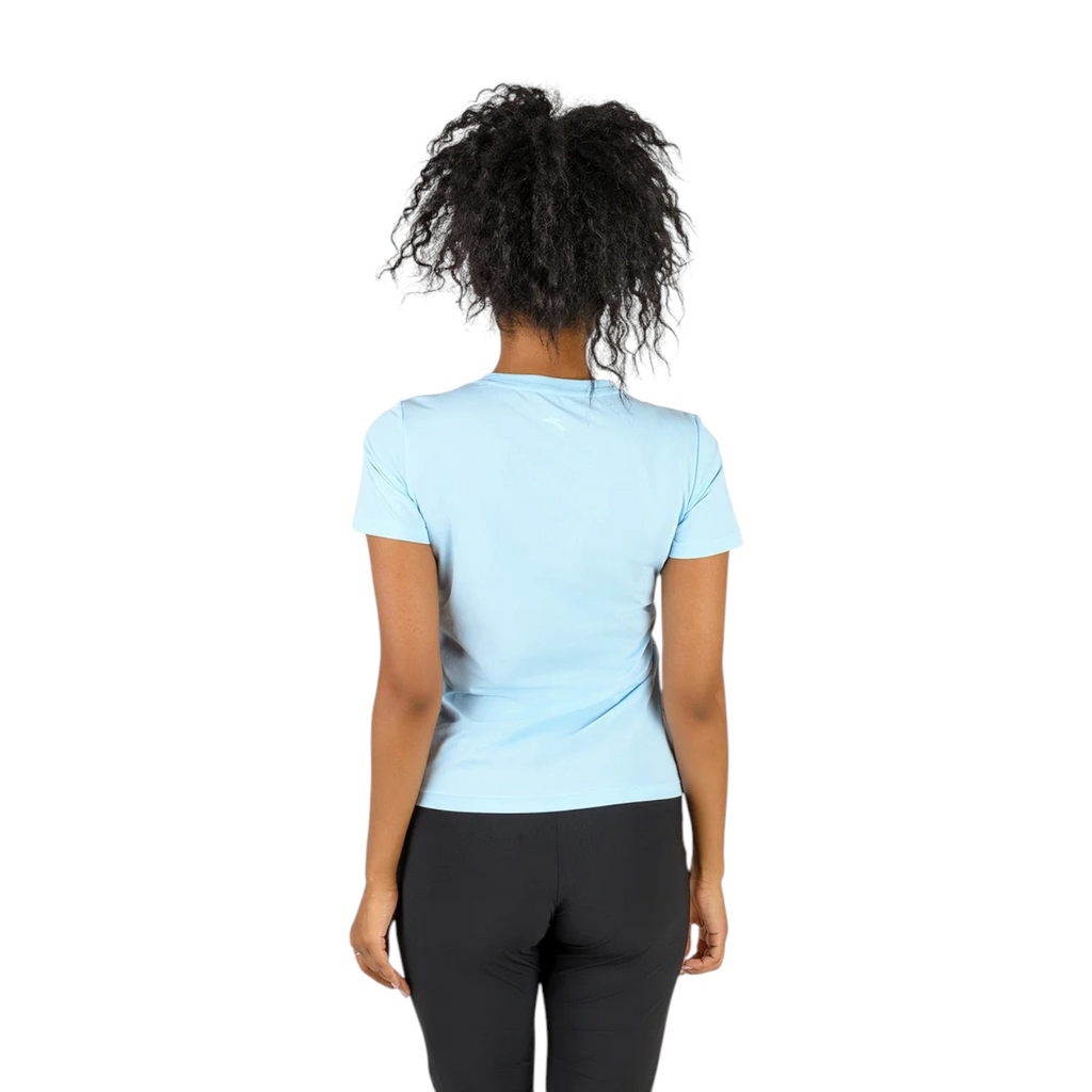 Back view of a woman wearing a light blue FRG cross training t-shirt with short sleeves against a white background.