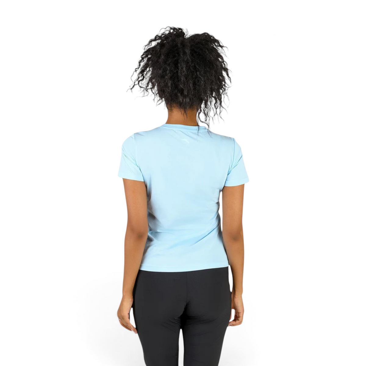 Back view of a woman wearing a light blue FRG cross training t-shirt with short sleeves against a white background.