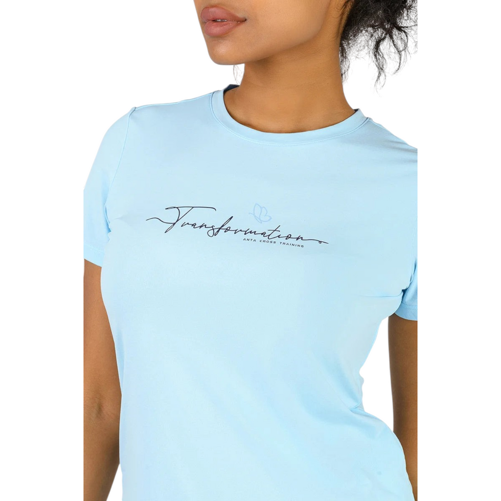 FRG light blue short-sleeve cross training t-shirt with Transformation butterfly graphic print on chest