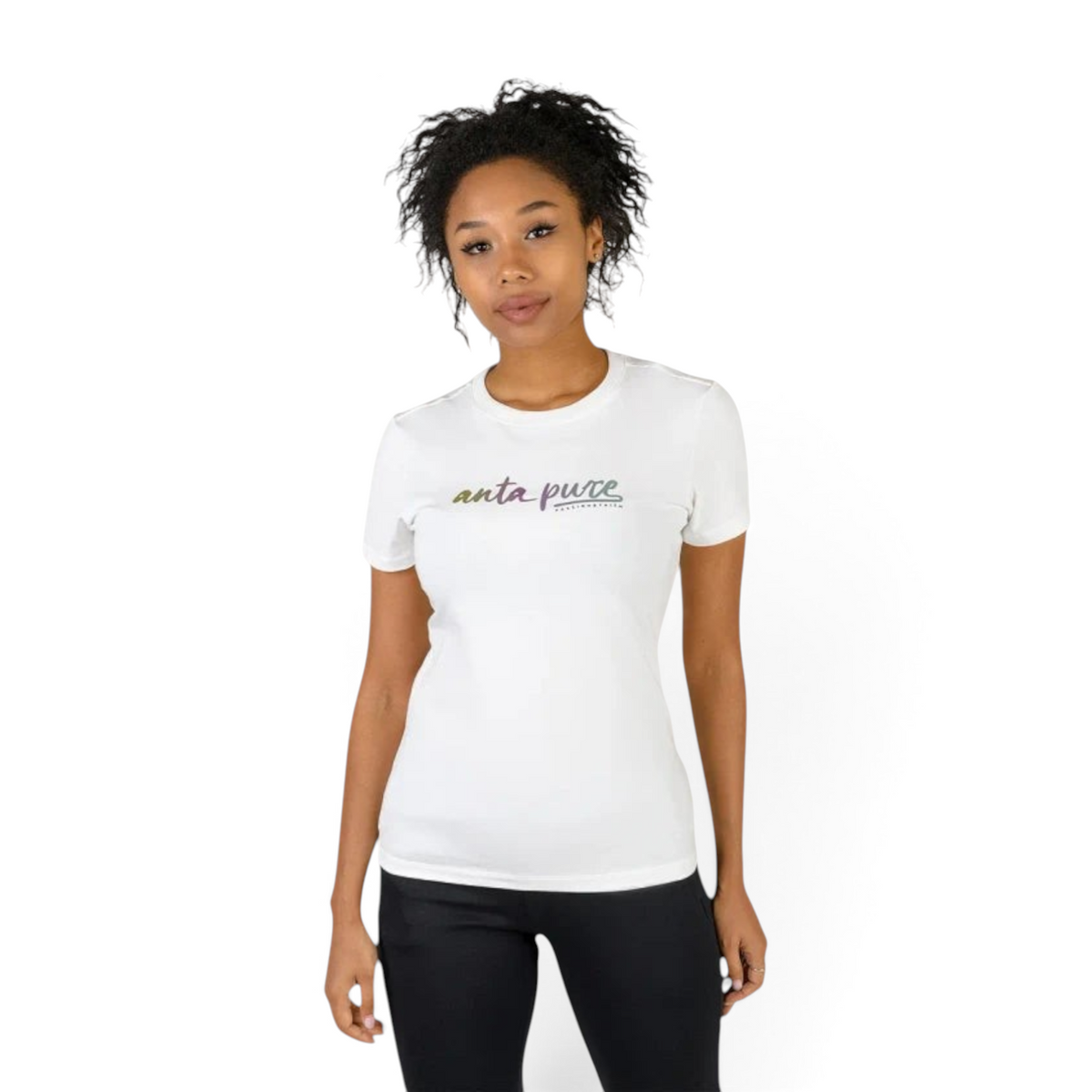 FRG ANTA snow white short sleeve cotton blend training t-shirt with iridescent logo worn by a female model