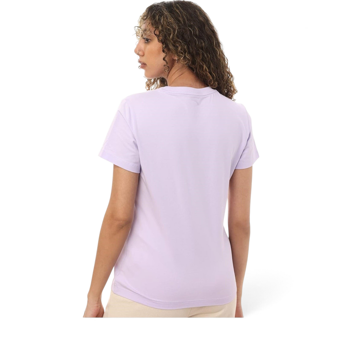 FRG regular fit lavender cotton-spandex t-shirt worn by a woman, back view