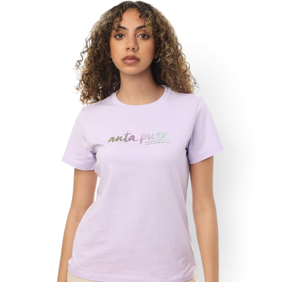 FRG regular fit light purple cotton blend t-shirt with Anta Pure graphic print worn by a woman with curly hair