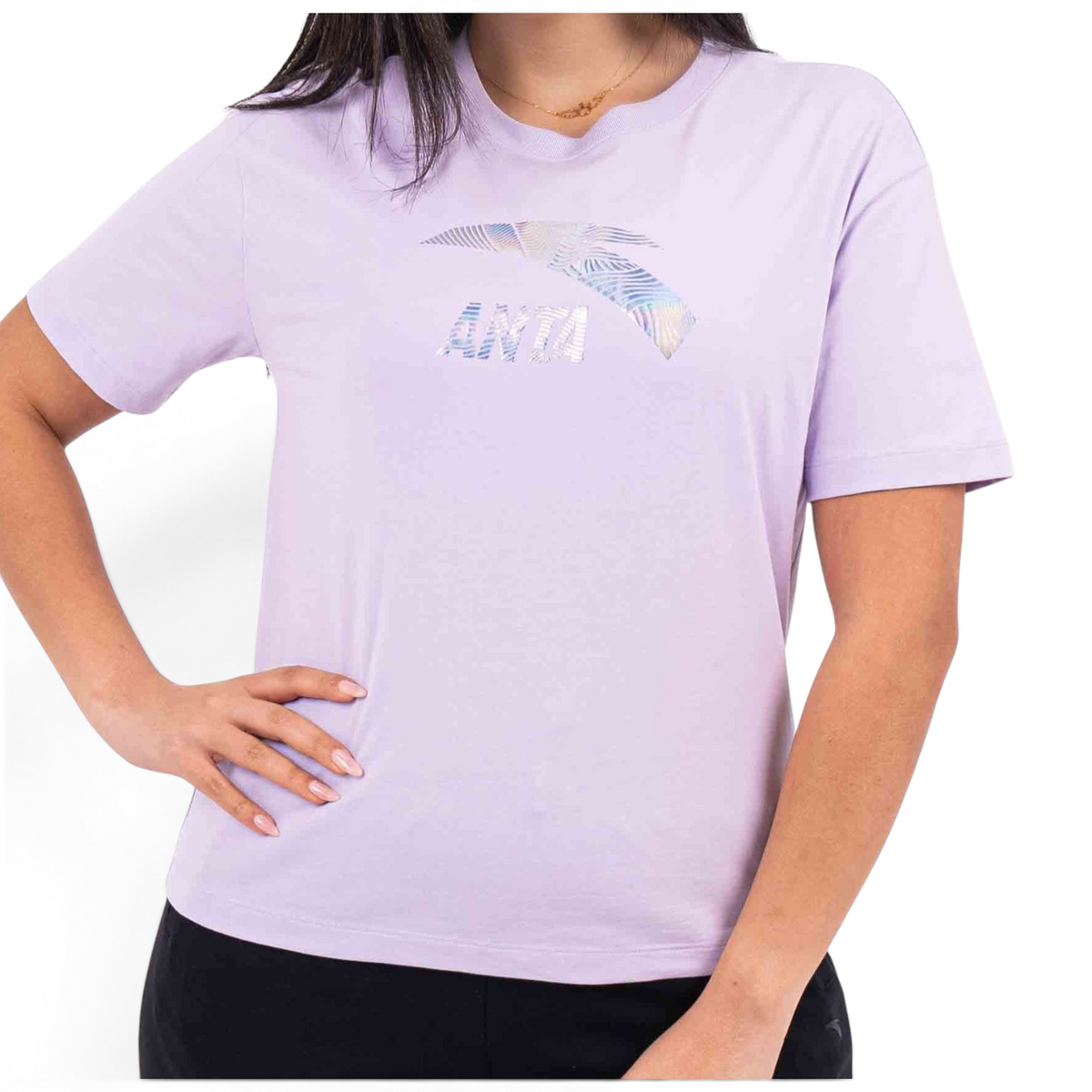 FRG regular fit light purple cotton blend t-shirt with a metallic graphic logo on the chest worn by a woman