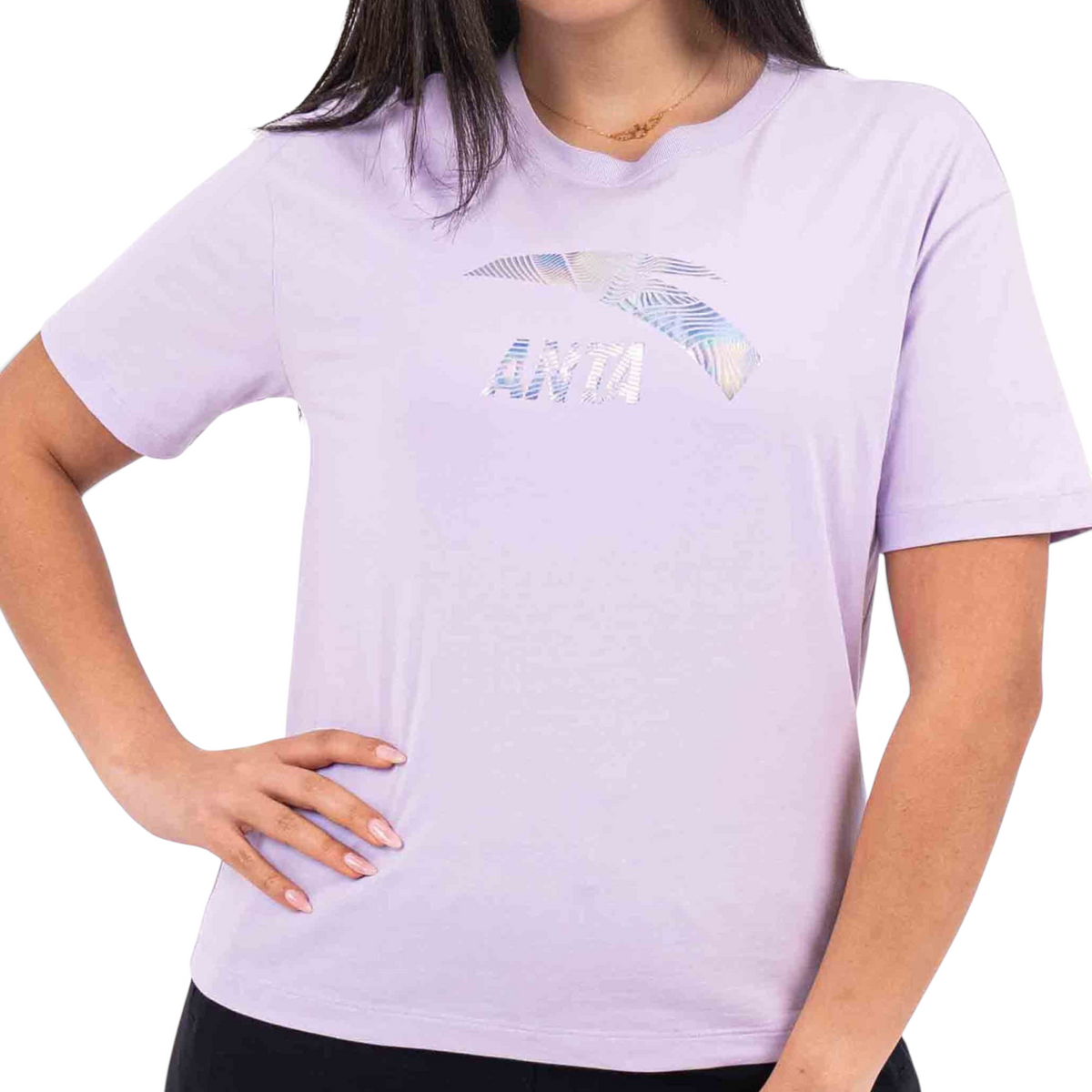 FRG regular fit light purple cotton blend t-shirt with a metallic graphic logo on the chest worn by a woman